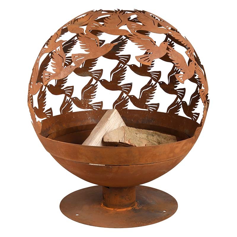Brasero boule métal rouille motif oiseaux - Ersho