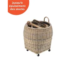 Corbeille à bûches avec roulettes pour faciliter le transport, en rotin - Ersho