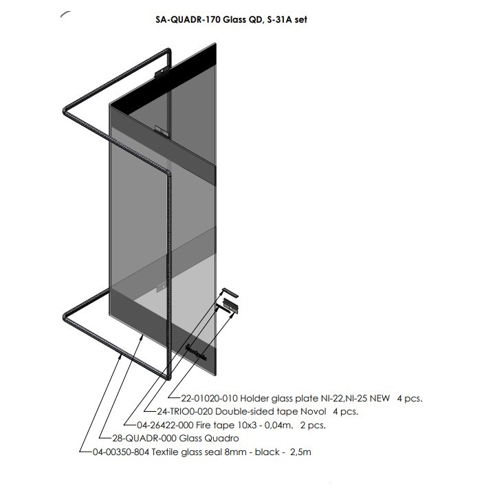 VITRE VERRE PLIEE JOINT ET PATTES DE MAINTIENS INCLUS pour Poêle à bois Nordpeis - Réf SA-QUADR-170