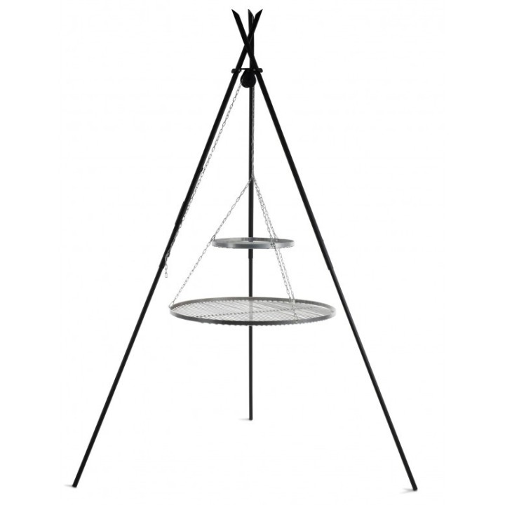 Barbecue 2 Grilles de Cuisson suspendu «TIPI» sur Trépied 210 cm – en acier inox 70 cm et 40 cm pour Cook King - Réf 111448