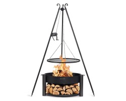 ENSEMBLE : Brasero de jardin « MONTANA » 80 cm avec barbecue sur trépied 180 cm avec manivelle et grille de cuisson en acier bru