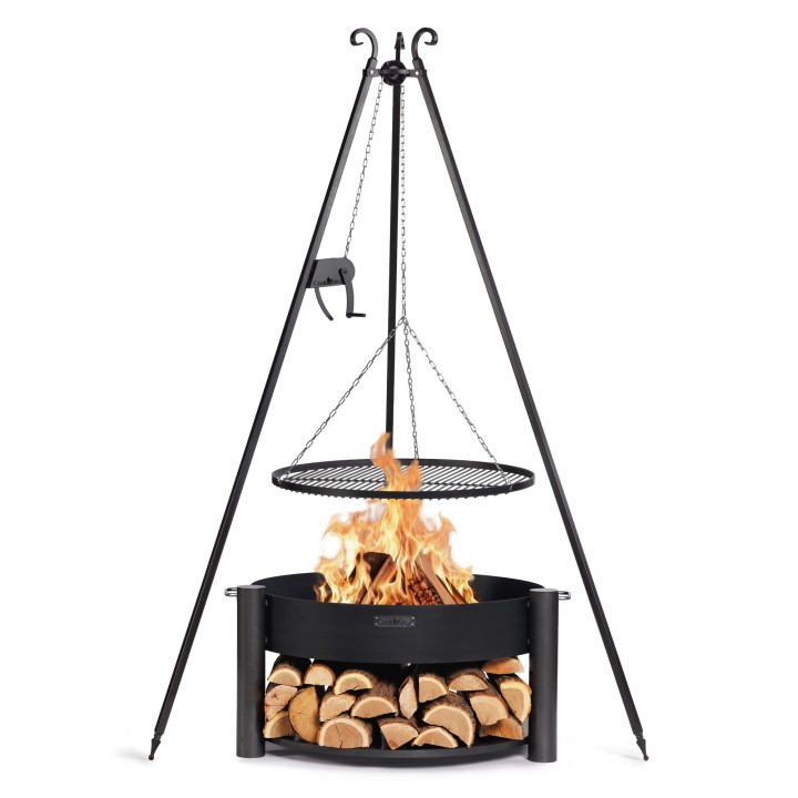 ENSEMBLE : Brasero de jardin « MONTANA » 80 cm avec barbecue sur trépied 180 cm avec manivelle et grille de cuisson en acier bru