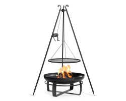 ENSEMBLE : Brasero de jardin XXL « VIKING » 80 cm avec barbecue sur trépied 180 cm avec manivelle et grille de cuisson en acier