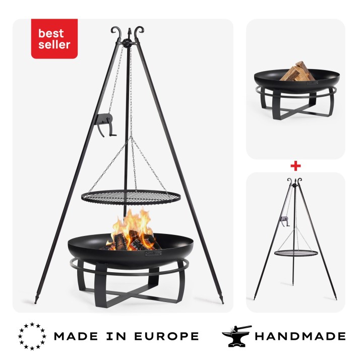 ENSEMBLE : Brasero de jardin XXL « VIKING » 80 cm avec barbecue sur trépied 180 cm avec manivelle et grille de cuisson en acier