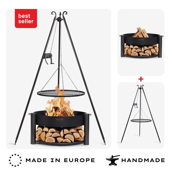 ENSEMBLE : Brasero de jardin « MONTANA » 80 cm avec barbecue sur trépied 180 cm avec manivelle et grille de cuisson en acier bru