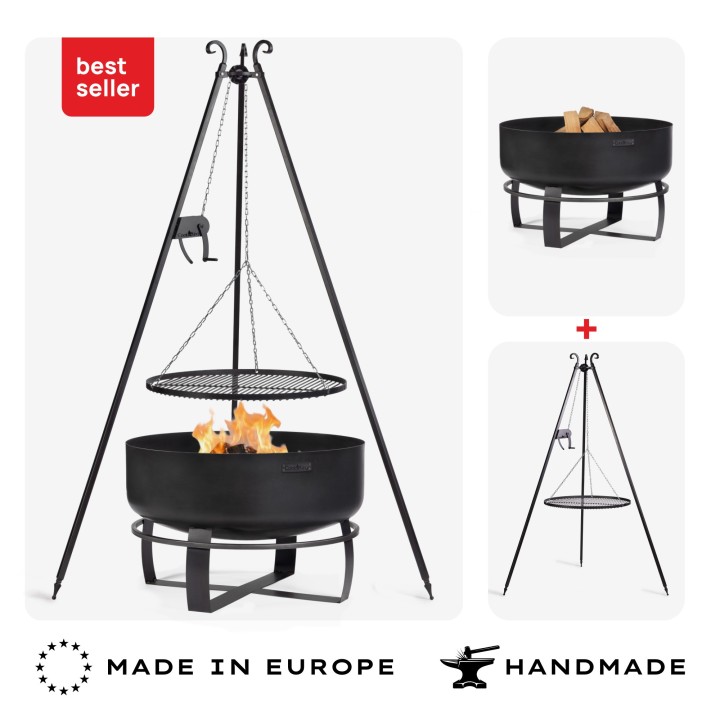 ENSEMBLE : Brasero de jardin « VIKING » 80 cm avec barbecue sur trépied 180 cm avec manivelle et grille de cuisson en acier brut
