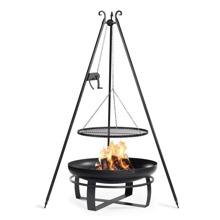 ENSEMBLE : Brasero de jardin « VIKING » 80 cm avec barbecue sur trépied 180 cm avec manivelle et grille de cuisson en acier brut