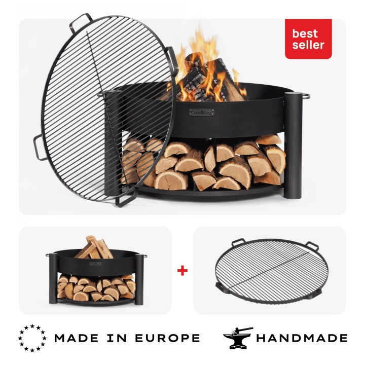 ENSEMBLE : Brasero de jardin « MONTANA » 80 cm avec grille de cuisson 80 cm avec 4 poignées pour Cook King - Réf 111248/111273