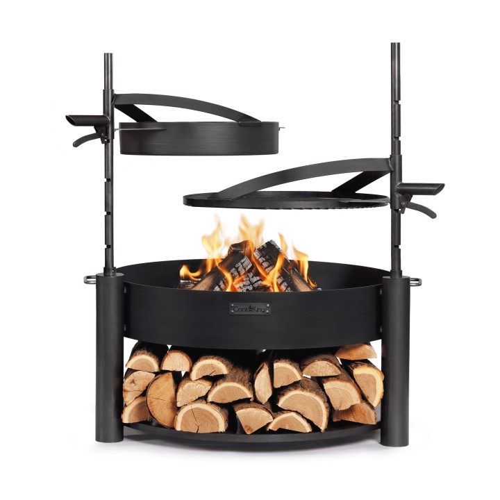 ENSEMBLE : Brasero de jardin multifonction « MONTANA X » 80 cm avec grille de cuisson 60 cm, mât supplémentaire et poêle en acie