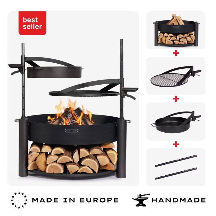 ENSEMBLE : Brasero de jardin multifonction « MONTANA X » 80 cm avec grille de cuisson 60 cm, mât supplémentaire et poêle en acie
