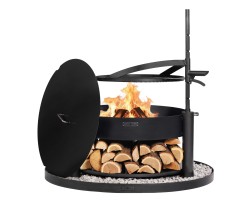 ENSEMBLE : Brasero de jardin multifonction « MONTANA X » 80 cm avec grille de cuisson 60 cm, couvercle 82,0 cm et base décorativ