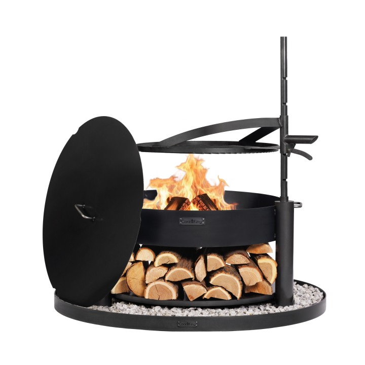 ENSEMBLE : Brasero de jardin multifonction « MONTANA X » 80 cm avec grille de cuisson 60 cm, couvercle 82,0 cm et base décorativ