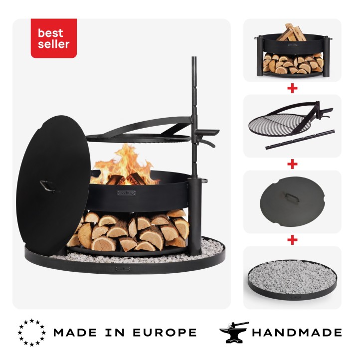 ENSEMBLE : Brasero de jardin multifonction « MONTANA X » 80 cm avec grille de cuisson 60 cm, couvercle 82,0 cm et base décorativ