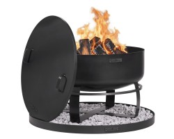 ENSEMBLE : Brasero de jardin XXL « VIKING » 80 cm avec couvercle à bord profilé 81,5 cm et base décorative ronde en pierre 100 c