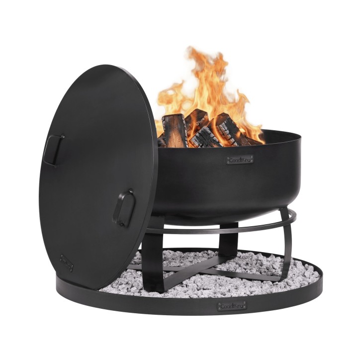 ENSEMBLE : Brasero de jardin XXL « VIKING » 80 cm avec couvercle à bord profilé 81,5 cm et base décorative ronde en pierre 100 c