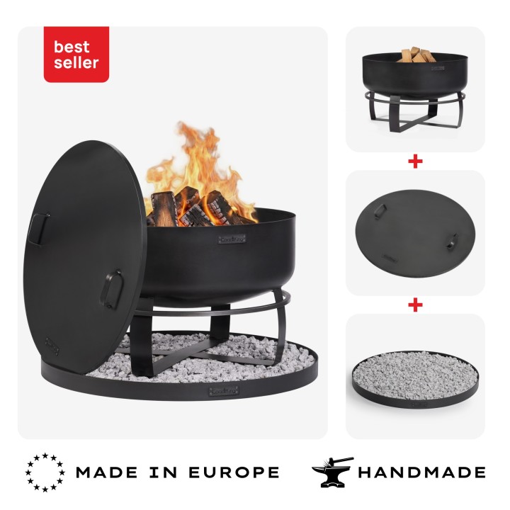 ENSEMBLE : Brasero de jardin XXL « VIKING » 80 cm avec couvercle à bord profilé 81,5 cm et base décorative ronde en pierre 100 c