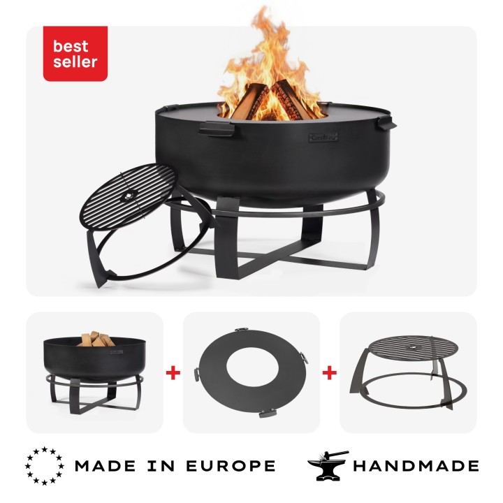 ENSEMBLE : Brasero de jardin XXL « VIKING » 80 cm avec plaque de cuisson 78 cm (4 poignées) et grille haute pour plaque 78 cm po