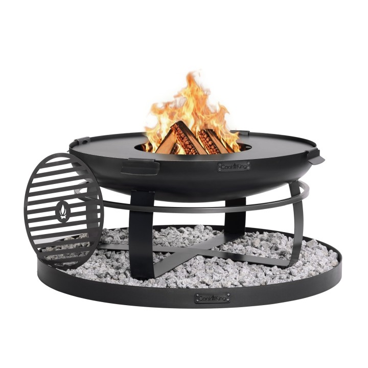 ENSEMBLE : Brasero de jardin « VIKING » 80 cm avec plaque de cuisson 78 cm (4 poignées), grille de cuisson 37 cm et base décorat