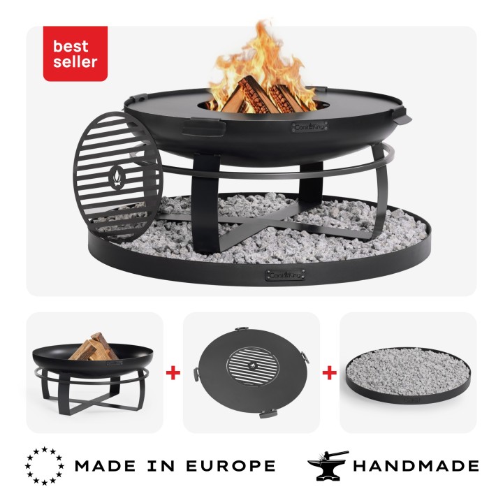 ENSEMBLE : Brasero de jardin « VIKING » 80 cm avec plaque de cuisson 78 cm (4 poignées), grille de cuisson 37 cm et base décorat