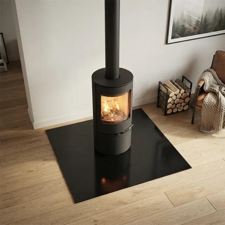 Plaque de sol carrée 80x80 cm en verre laqué noir pour poêle DIXNEUF