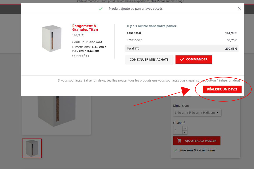 cliquer sur réaliser un devis dans le panier